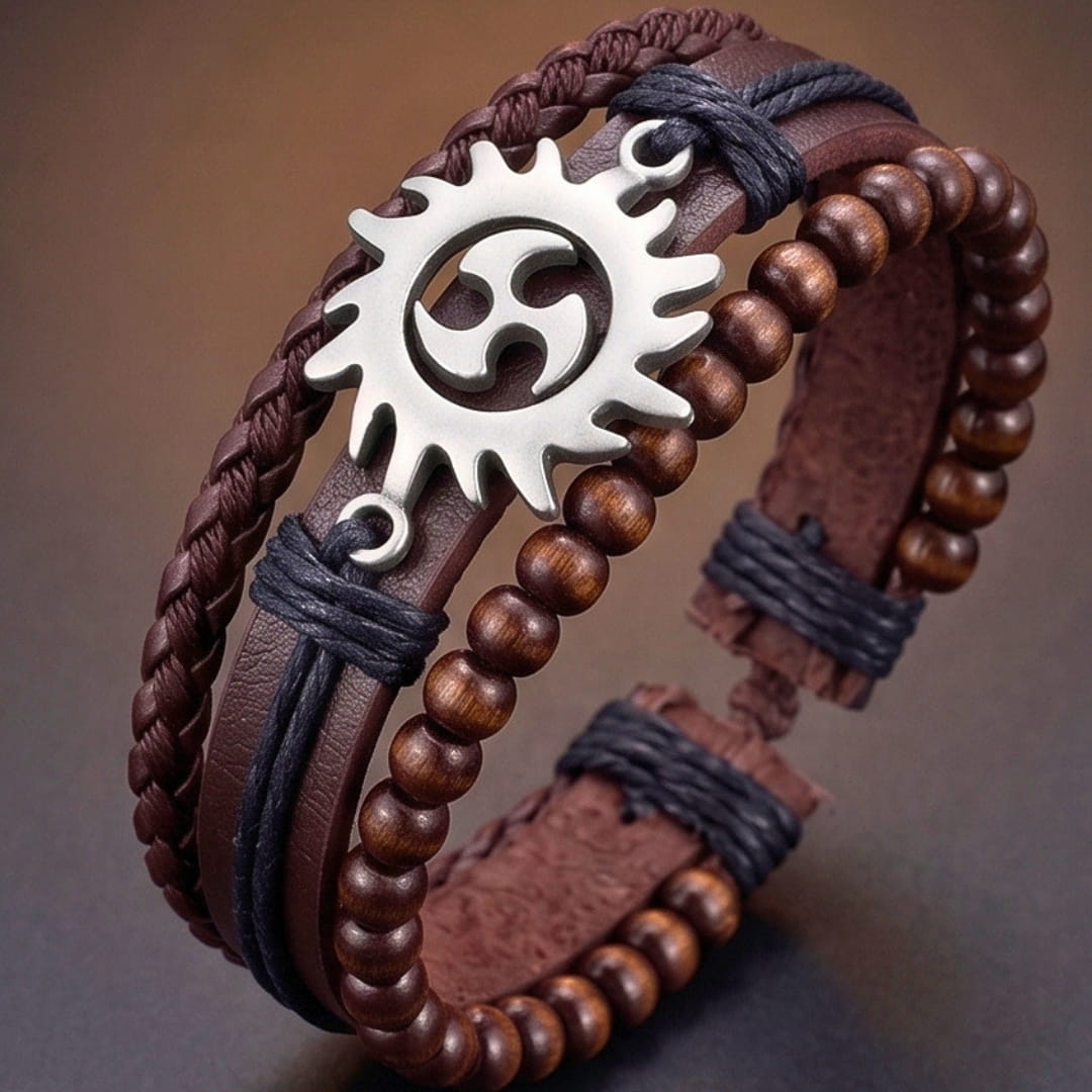 THE MEN THING Leather Bracelet SOLAR SPIRIT BROWN - 3Pcs Genuine Leather Adjustable Bracelets Set for Men & Boys (8 inch)