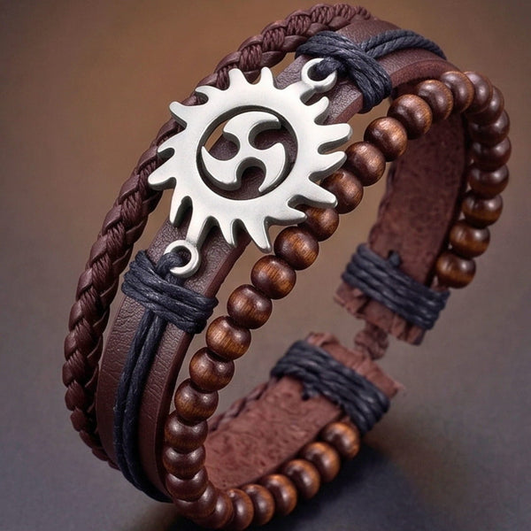 SOLAR SPIRIT BROWN - 3Pcs Genuine Leather Adjustable Bracelets Set for Men & Boys (8 inch)