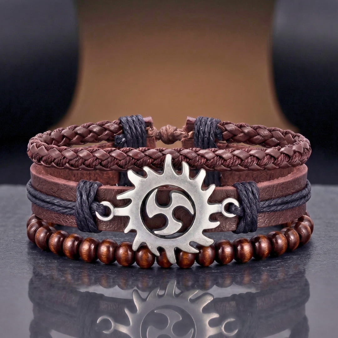 THE MEN THING Leather Bracelet SOLAR SPIRIT BROWN - 3Pcs Genuine Leather Adjustable Bracelets Set for Men & Boys (8 inch)