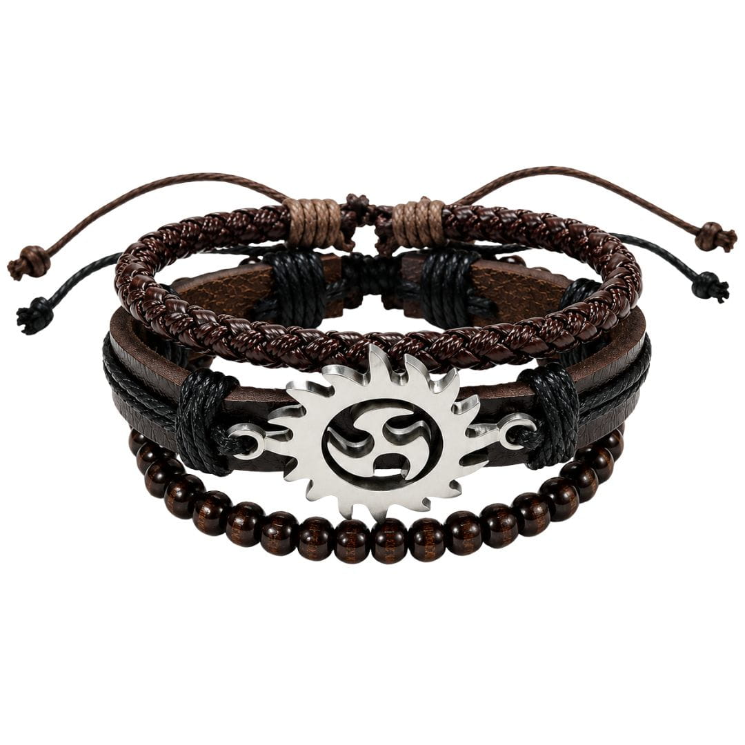 THE MEN THING Leather Bracelet SOLAR SPIRIT BROWN - 3Pcs Genuine Leather Adjustable Bracelets Set for Men & Boys (8 inch)