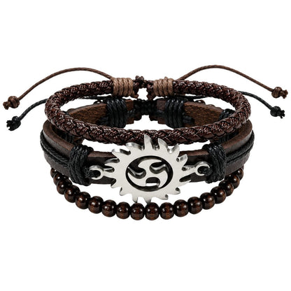 THE MEN THING Leather Bracelet SOLAR SPIRIT BROWN - 3Pcs Genuine Leather Adjustable Bracelets Set for Men & Boys (8 inch)