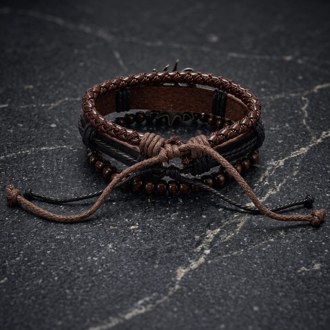 THE MEN THING Leather Bracelet SOLAR SPIRIT BROWN - 3Pcs Genuine Leather Adjustable Bracelets Set for Men & Boys (8 inch)