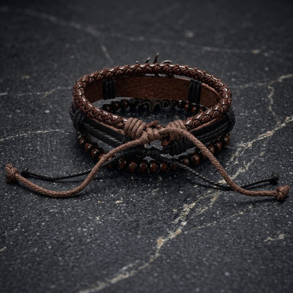 THE MEN THING Leather Bracelet SOLAR SPIRIT BROWN - 3Pcs Genuine Leather Adjustable Bracelets Set for Men & Boys (8 inch)