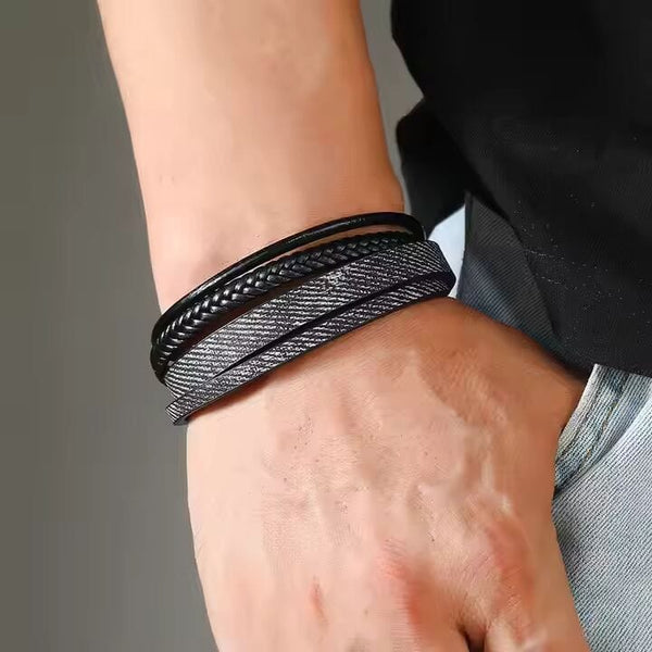 SOLSTICE BAND - Black Genuine Braided Leather Bracelet Set for Men & Boys (8 inch)