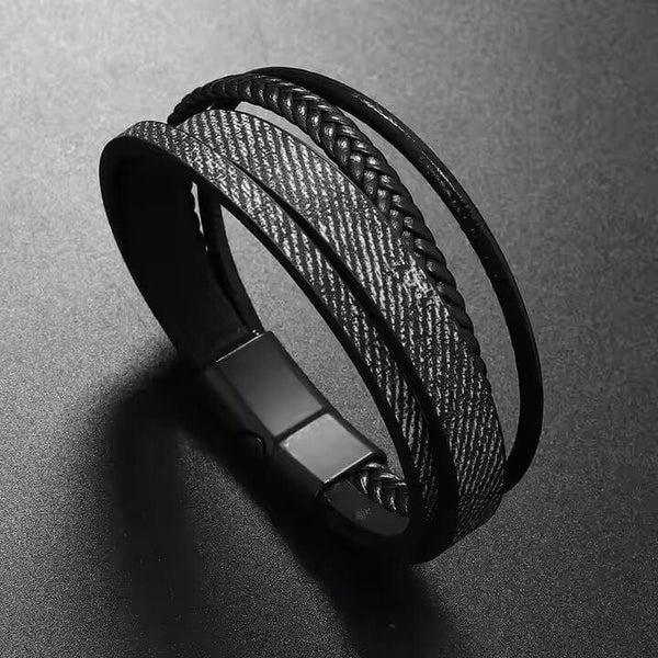 SOLSTICE BAND - Black Genuine Braided Leather Bracelet Set for Men & Boys (8 inch)