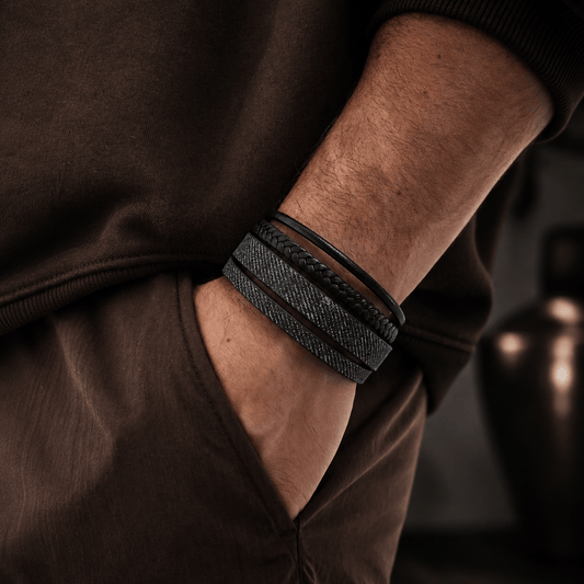 THE MEN THING Leather Bracelet SOLSTICE BAND - Black Genuine Braided Leather Bracelet Set for Men & Boys (8 inch)