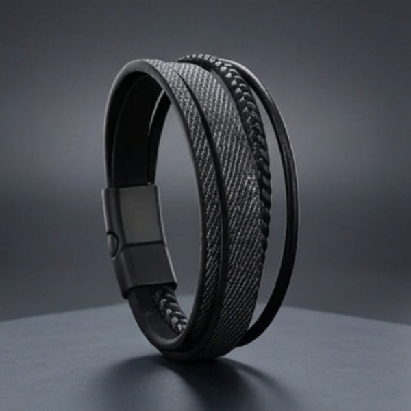SOLSTICE BAND - Black Genuine Braided Leather Bracelet Set for Men & Boys (8 inch)