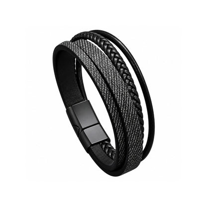 THE MEN THING Leather Bracelet SOLSTICE BAND - Black Genuine Braided Leather Bracelet Set for Men & Boys (8 inch)