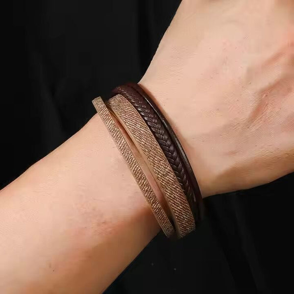 SOLSTICE BAND - Brown Genuine Braided Leather Bracelet Set for Men & Boys (8 inch)