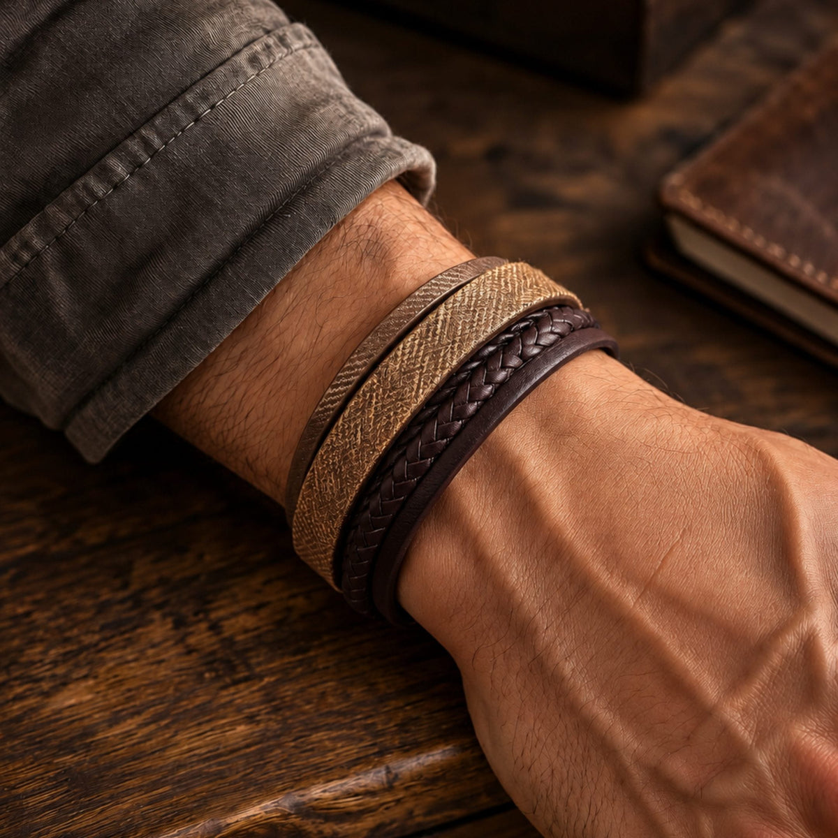 THE MEN THING Leather Bracelet SOLSTICE BAND - Brown Genuine Braided Leather Bracelet Set for Men & Boys (8 inch)