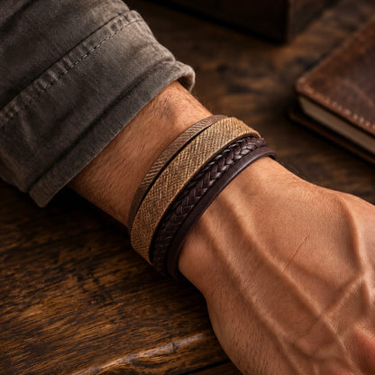 THE MEN THING Leather Bracelet SOLSTICE BAND - Brown Genuine Braided Leather Bracelet Set for Men & Boys (8 inch)