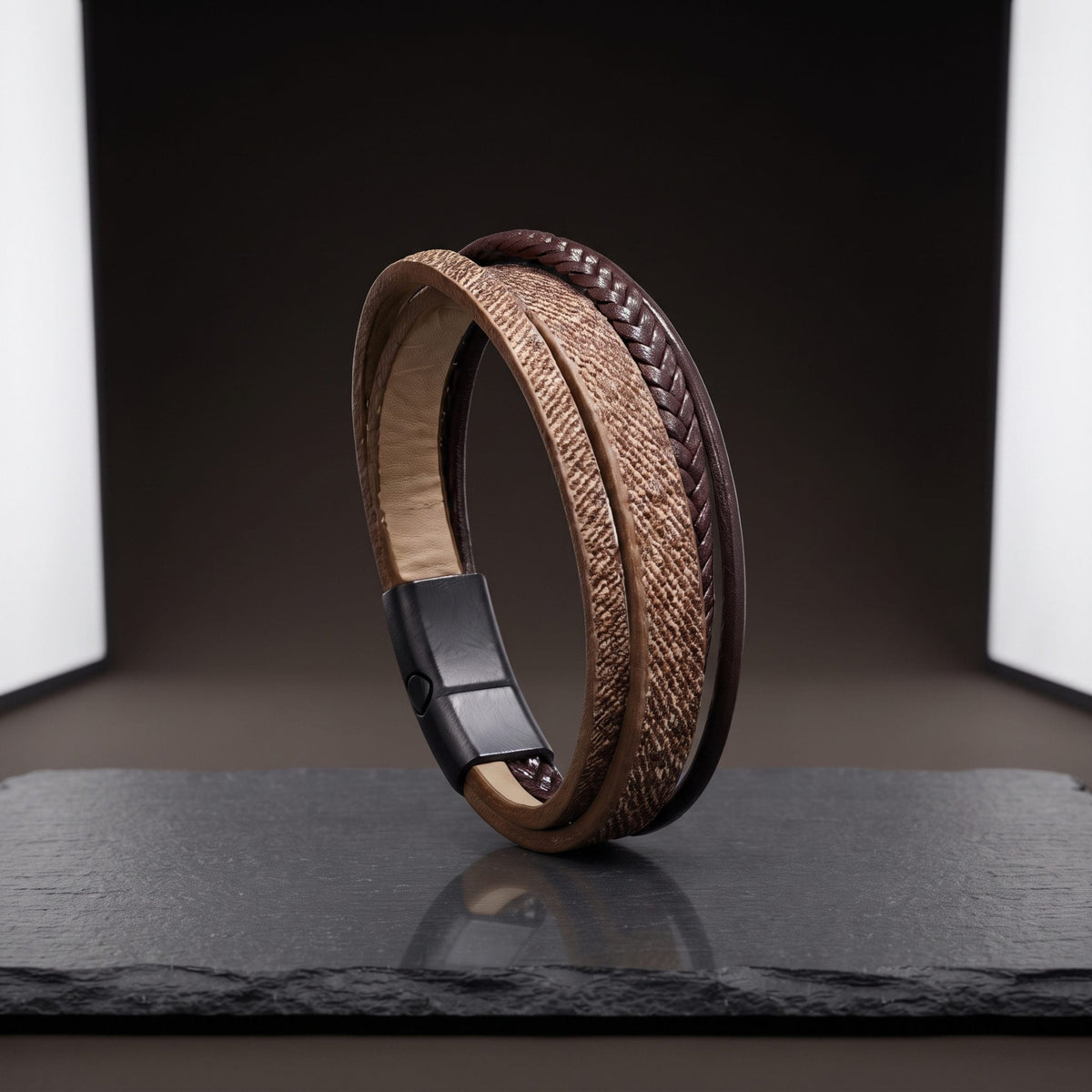 THE MEN THING Leather Bracelet SOLSTICE BAND - Brown Genuine Braided Leather Bracelet Set for Men & Boys (8 inch)