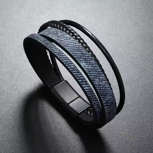 THE MEN THING Leather Bracelet SOLSTICE BAND - Navy Genuine Braided Leather Bracelet Set for Men & Boys (8 inch)