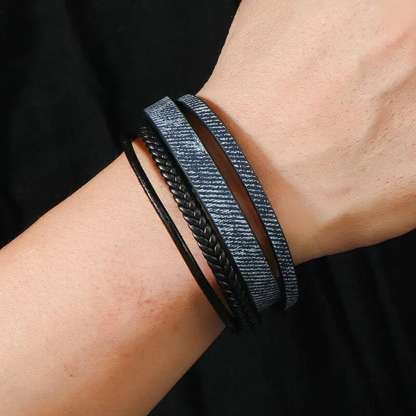 SOLSTICE BAND - Navy Genuine Braided Leather Bracelet Set for Men & Boys (8 inch)