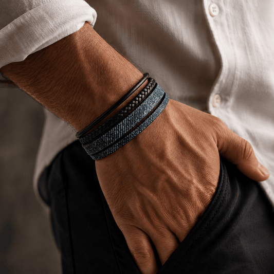 THE MEN THING Leather Bracelet SOLSTICE BAND - Navy Genuine Braided Leather Bracelet Set for Men & Boys (8 inch)