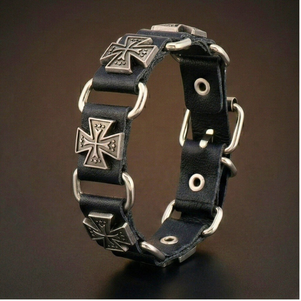 THE MEN THING Leather Bracelet SOVEREIGN CROSS - 23mm Genuine Leather Bracelet with Stainless Steel Buckle Clasp for Men & Boys (8 to 9 inch)