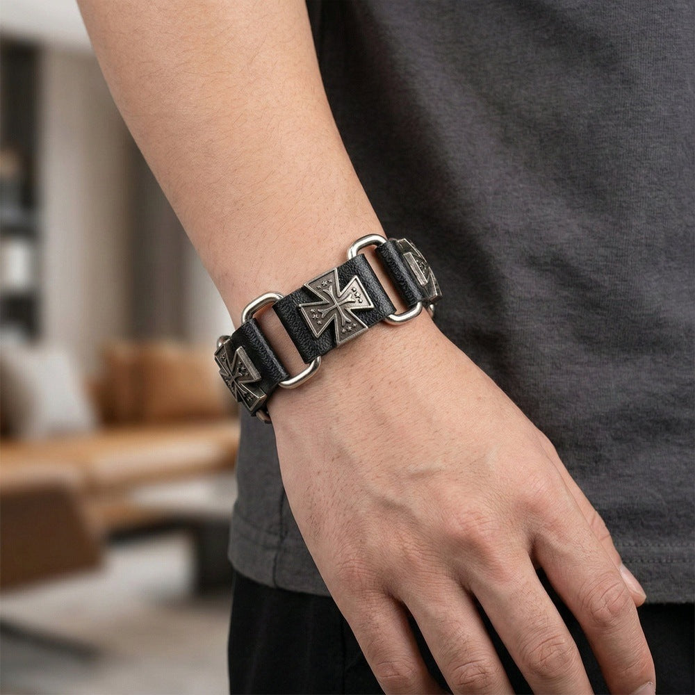 THE MEN THING Leather Bracelet SOVEREIGN CROSS - 23mm Genuine Leather Bracelet with Stainless Steel Buckle Clasp for Men & Boys (8 to 9 inch)