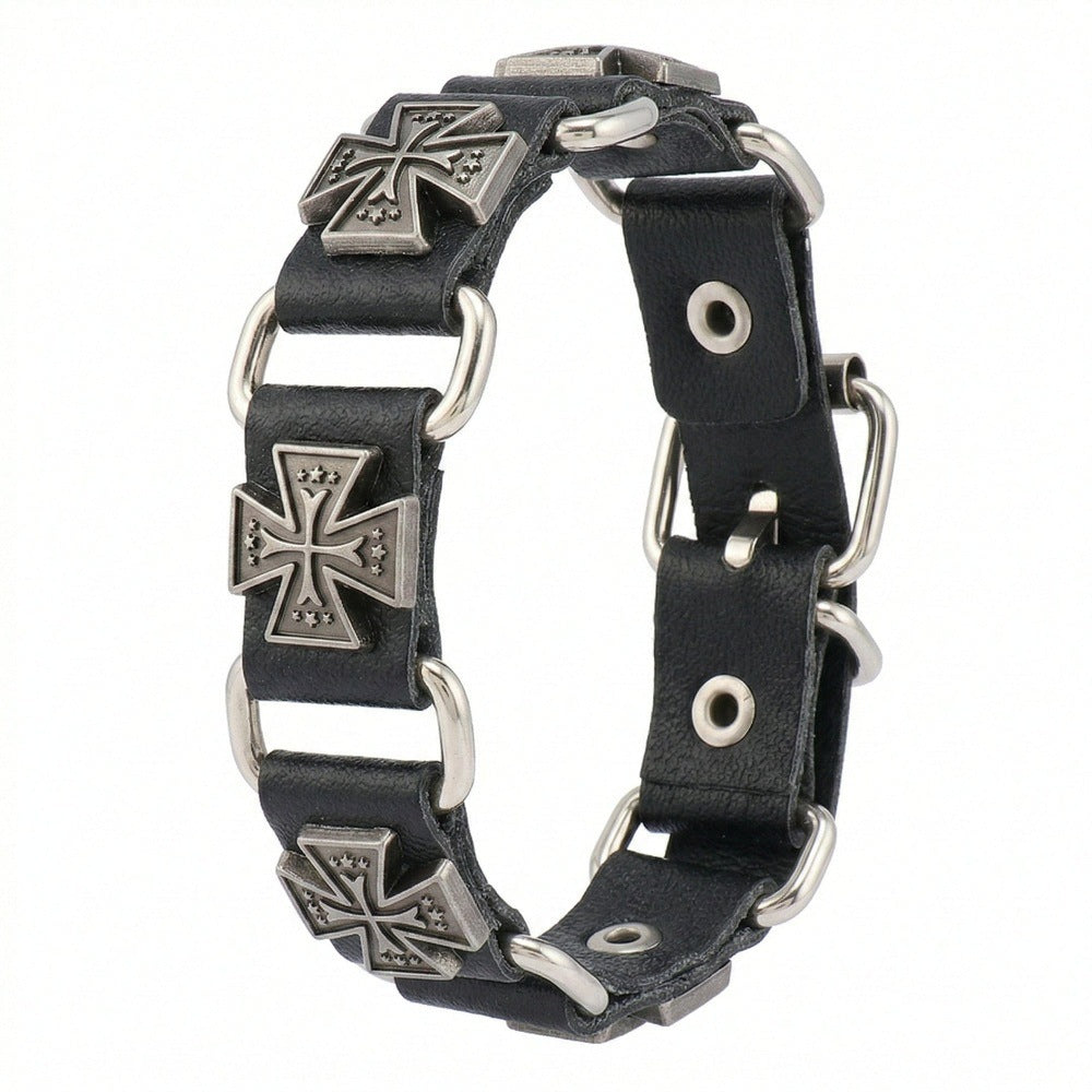 THE MEN THING Leather Bracelet SOVEREIGN CROSS - 23mm Genuine Leather Bracelet with Stainless Steel Buckle Clasp for Men & Boys (8 to 9 inch)