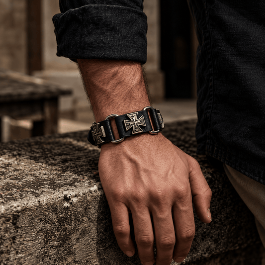 THE MEN THING Leather Bracelet SOVEREIGN CROSS - 23mm Genuine Leather Bracelet with Stainless Steel Buckle Clasp for Men & Boys (8 to 9 inch)