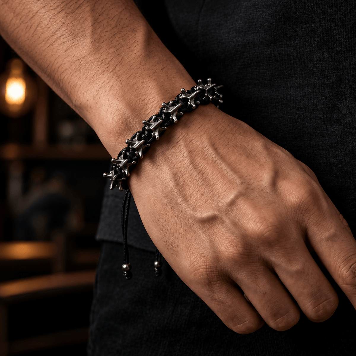 THE MEN THING Leather Bracelet SPINECLAW - BLACK - Genuine Braided Leather Adjustable Bracelet for Men & Boys