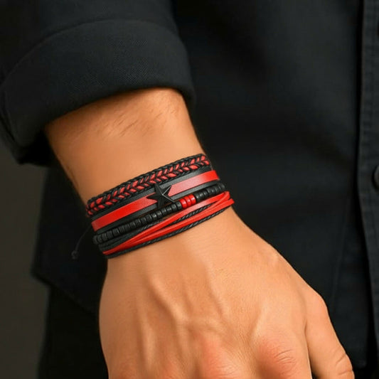 THE MEN THING Leather Bracelet STAR RANGER - 4 Pcs Genuine Leather Adjustable Bracelet Set for Men & Boys (8 inch)