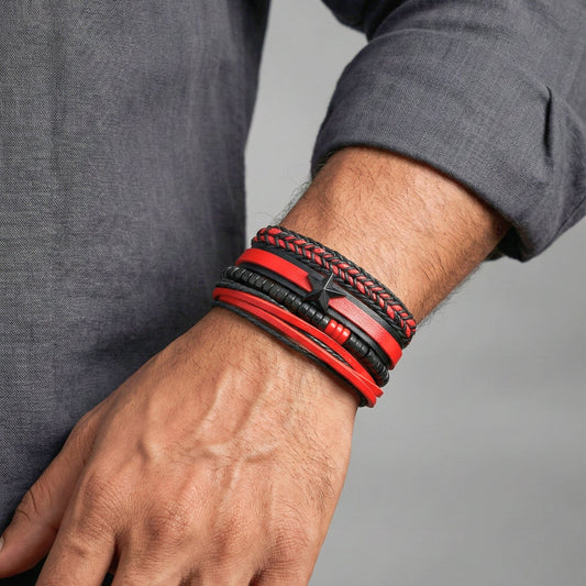 THE MEN THING Leather Bracelet STAR RANGER - 4 Pcs Genuine Leather Adjustable Bracelet Set for Men & Boys (8 inch)