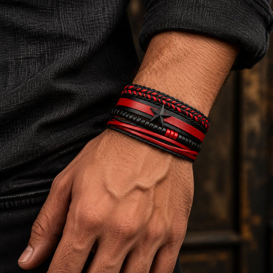 THE MEN THING Leather Bracelet STAR RANGER - 4 Pcs Genuine Leather Adjustable Bracelet Set for Men & Boys (8 inch)