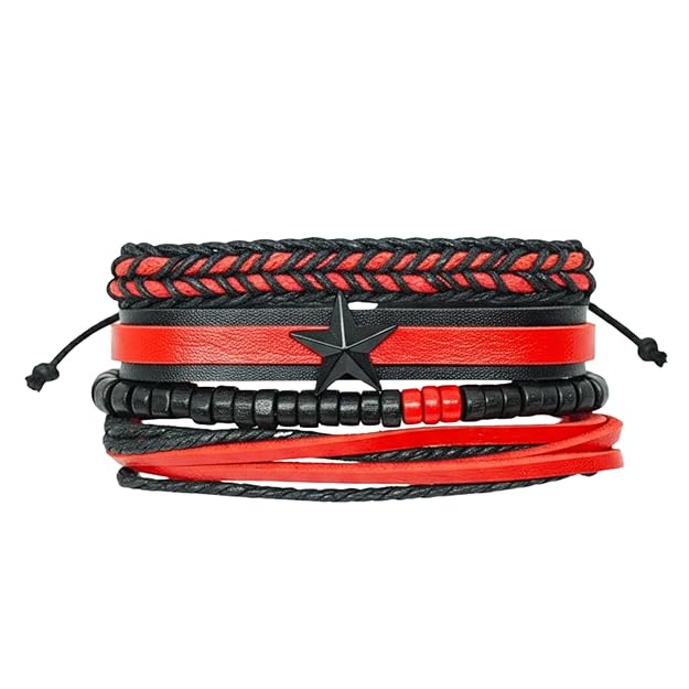THE MEN THING Leather Bracelet STAR RANGER Set of 4 Genuine Braided Leather Adjustable Bracelets for Men & Boys – 8 Inch