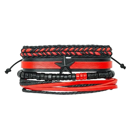 THE MEN THING Leather Bracelet STAR RANGER Set of 4 Genuine Braided Leather Adjustable Bracelets for Men & Boys – 8 Inch
