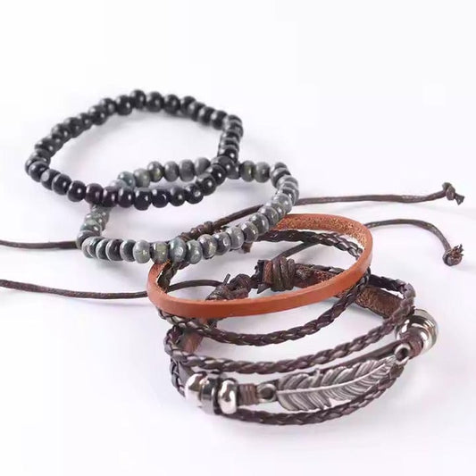 THE MEN THING Leather Bracelet STARDUST CUFF - Multi-layer Set Genuine Braided Leather Bracelet Set for Men & Boys (8 inch)