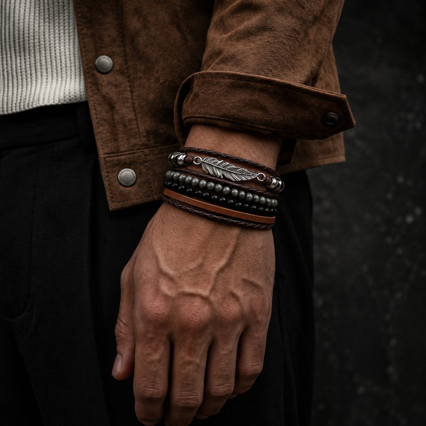 THE MEN THING Leather Bracelet STARDUST CUFF - Multi-layer Set Genuine Braided Leather Bracelet Set for Men & Boys (8 inch)