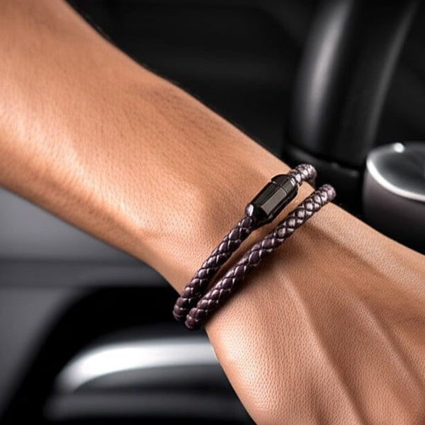 STARRY TWINE BROWN - American Style Genuine Braided Leather Bracelet with Stainless Steel Clasp Magnetic Buckle for Men & Boy (8 inch)