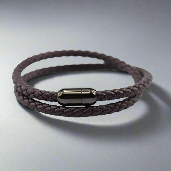 STARRY TWINE BROWN - American Style Genuine Braided Leather Bracelet with Stainless Steel Clasp Magnetic Buckle for Men & Boy (8 inch)