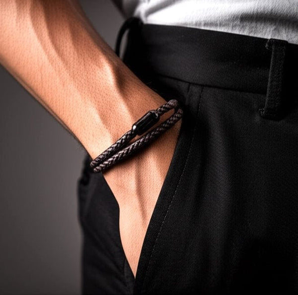 STARRY TWINE BROWN - American Style Genuine Braided Leather Bracelet with Stainless Steel Clasp Magnetic Buckle for Men & Boy (8 inch)