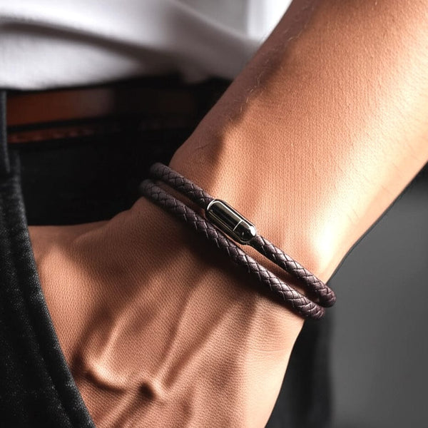STARRY TWINE BROWN - American Style Genuine Braided Leather Bracelet with Stainless Steel Clasp Magnetic Buckle for Men & Boy (8 inch)