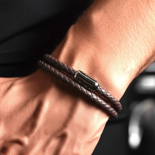 STARRY TWINE BROWN - American Style Genuine Braided Leather Bracelet with Stainless Steel Clasp Magnetic Buckle for Men & Boy (8 inch)