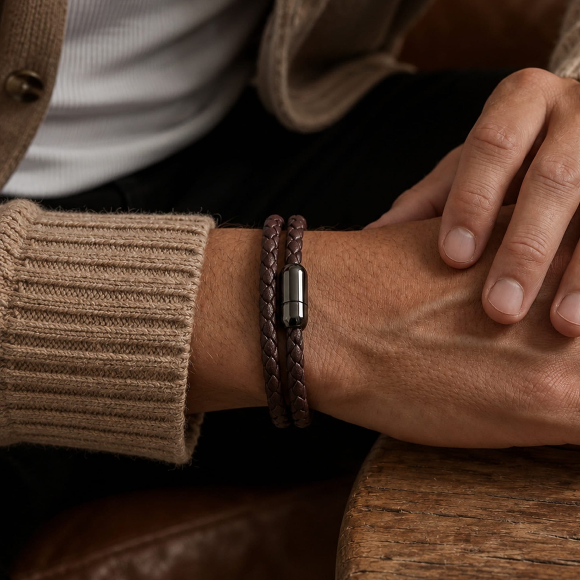 THE MEN THING Leather Bracelet STARRY TWINE BROWN - American Style Genuine Braided Leather Bracelet with Stainless Steel Clasp Magnetic Buckle for Men & Boy (8 inch)