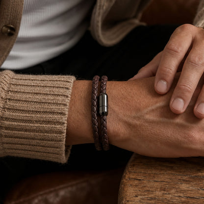 THE MEN THING Leather Bracelet STARRY TWINE BROWN - American Style Genuine Braided Leather Bracelet with Stainless Steel Clasp Magnetic Buckle for Men & Boy (8 inch)