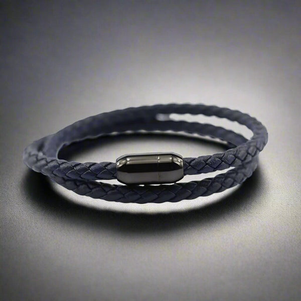 STARRY TWINE DARK BLUE - American Style Genuine Braided Leather Bracelet with Stainless Steel Clasp Magnetic Buckle for Men & Boy (8 inch)