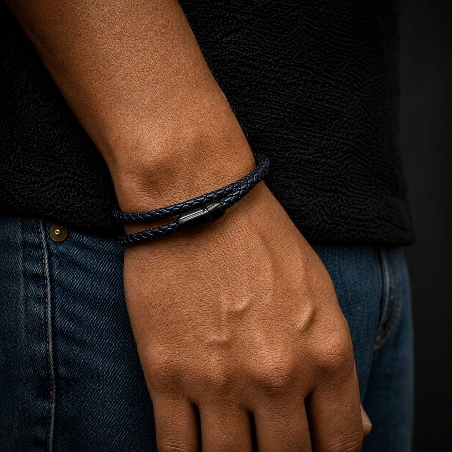 THE MEN THING Leather Bracelet STARRY TWINE DARK BLUE - American Style Genuine Braided Leather Bracelet with Stainless Steel Clasp Magnetic Buckle for Men & Boy (8 inch)
