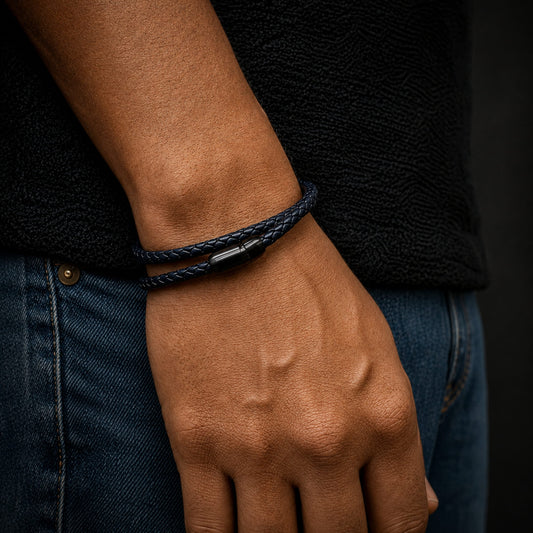 THE MEN THING Leather Bracelet STARRY TWINE DARK BLUE - American Style Genuine Braided Leather Bracelet with Stainless Steel Clasp Magnetic Buckle for Men & Boy (8 inch)