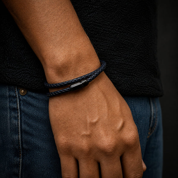 STARRY TWINE DARK BLUE - American Style Genuine Braided Leather Bracelet with Stainless Steel Clasp Magnetic Buckle for Men & Boy (8 inch)