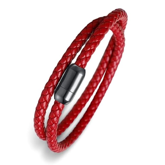 THE MEN THING Leather Bracelet STARRY TWINE RED - American Style Genuine Braided Leather Bracelet with Stainless Steel Clasp Magnetic Buckle for Men & Boy (8 inch)
