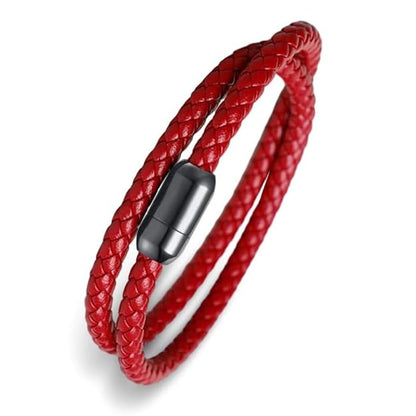 THE MEN THING Leather Bracelet STARRY TWINE RED - American Style Genuine Braided Leather Bracelet with Stainless Steel Clasp Magnetic Buckle for Men & Boy (8 inch)