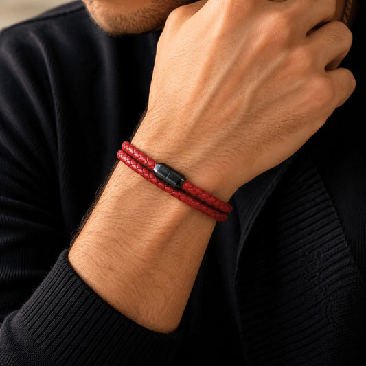 THE MEN THING Leather Bracelet STARRY TWINE RED - American Style Genuine Braided Leather Bracelet with Stainless Steel Clasp Magnetic Buckle for Men & Boy (8 inch)