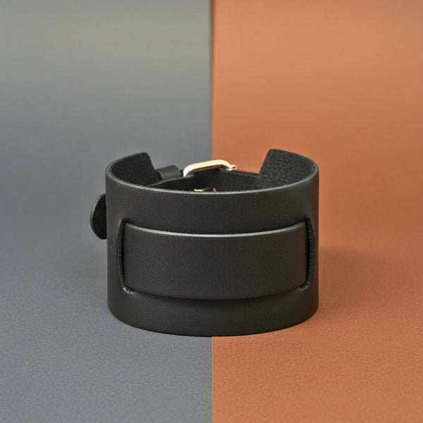 STEALTH EDGE - 50mm Black Genuine Leather Adjustable Bracelet for Men & Boys (10.5 inch)