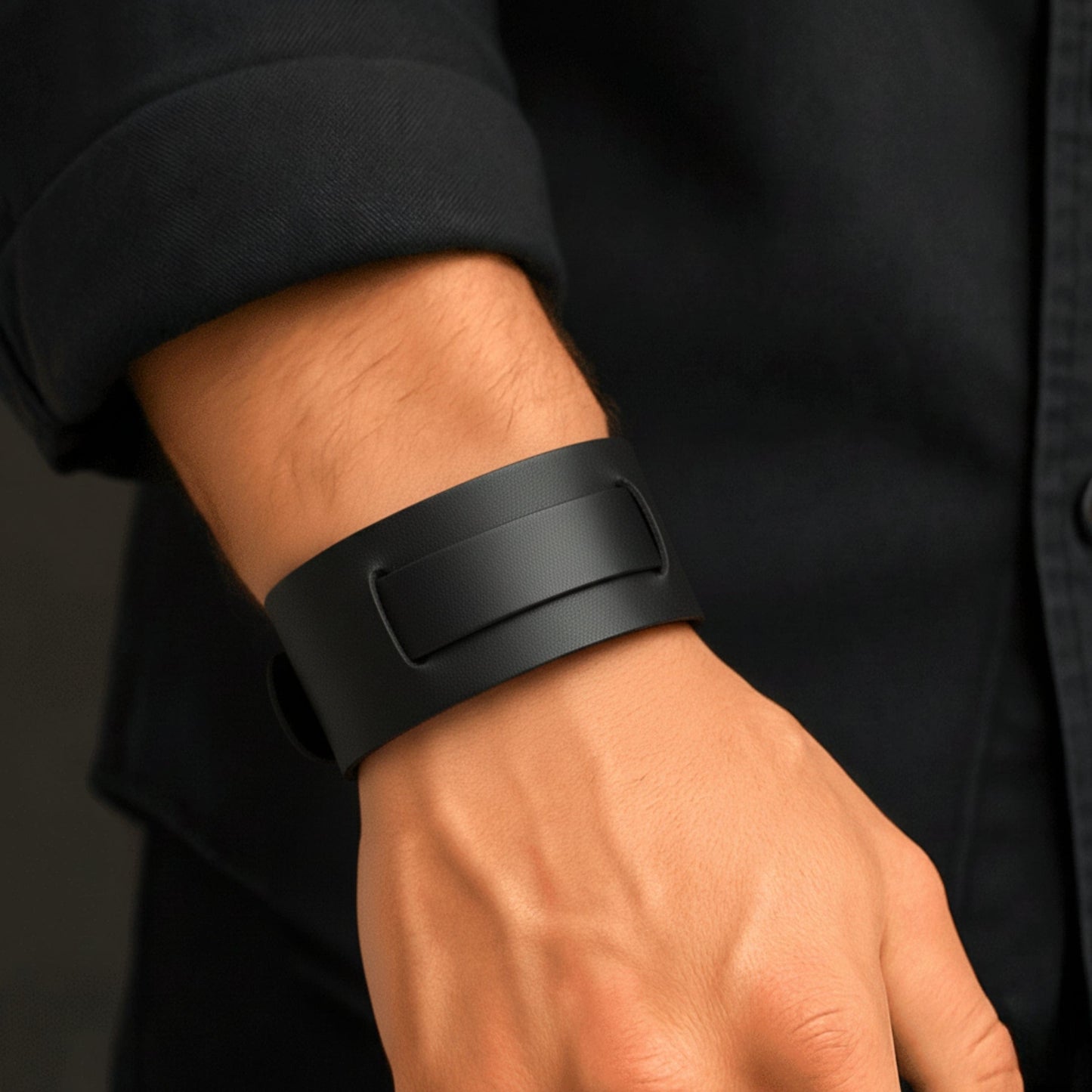 THE MEN THING Leather Bracelet STEALTH EDGE - 50mm Black Genuine Leather Adjustable Bracelet for Men & Boys (10.5 inch)