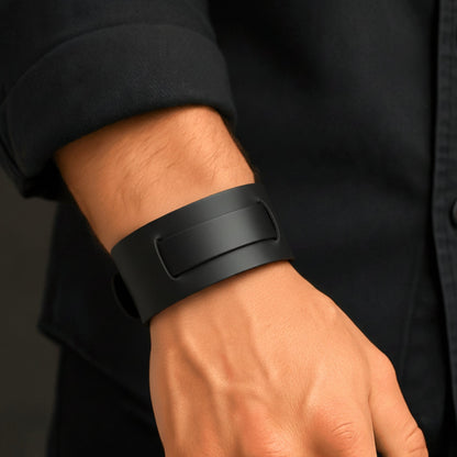 THE MEN THING Leather Bracelet STEALTH EDGE - 50mm Black Genuine Leather Adjustable Bracelet for Men & Boys (10.5 inch)