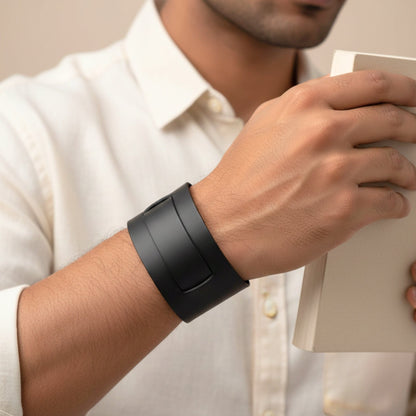 THE MEN THING Leather Bracelet STEALTH EDGE - 50mm Black Genuine Leather Adjustable Bracelet for Men & Boys (10.5 inch)