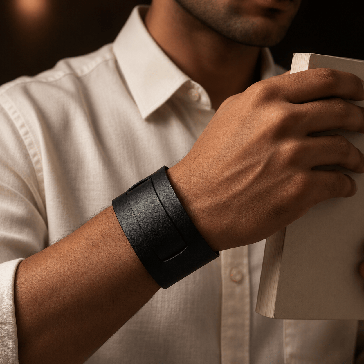 THE MEN THING Leather Bracelet STEALTH EDGE - 50mm Black Genuine Leather Adjustable Bracelet for Men & Boys (10.5 inch)